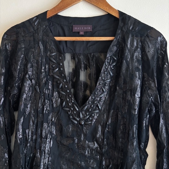 Hale Bob Beaded Burnout Silk Blouse Medium Black Summer Luxury - Picture 2 of 6